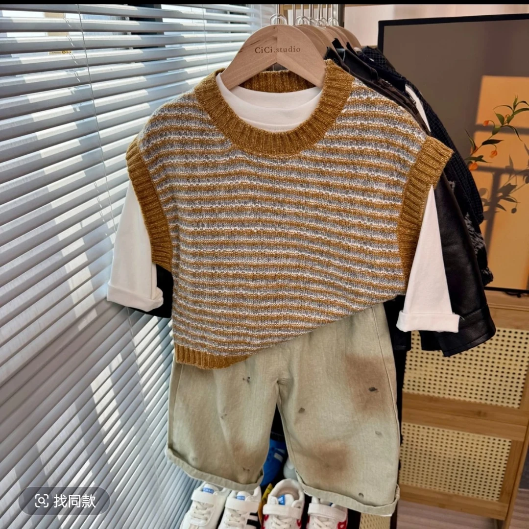 男童春秋套装2025新款韩版洋气儿童毛衣马甲宝宝棉布裤三件套潮酷