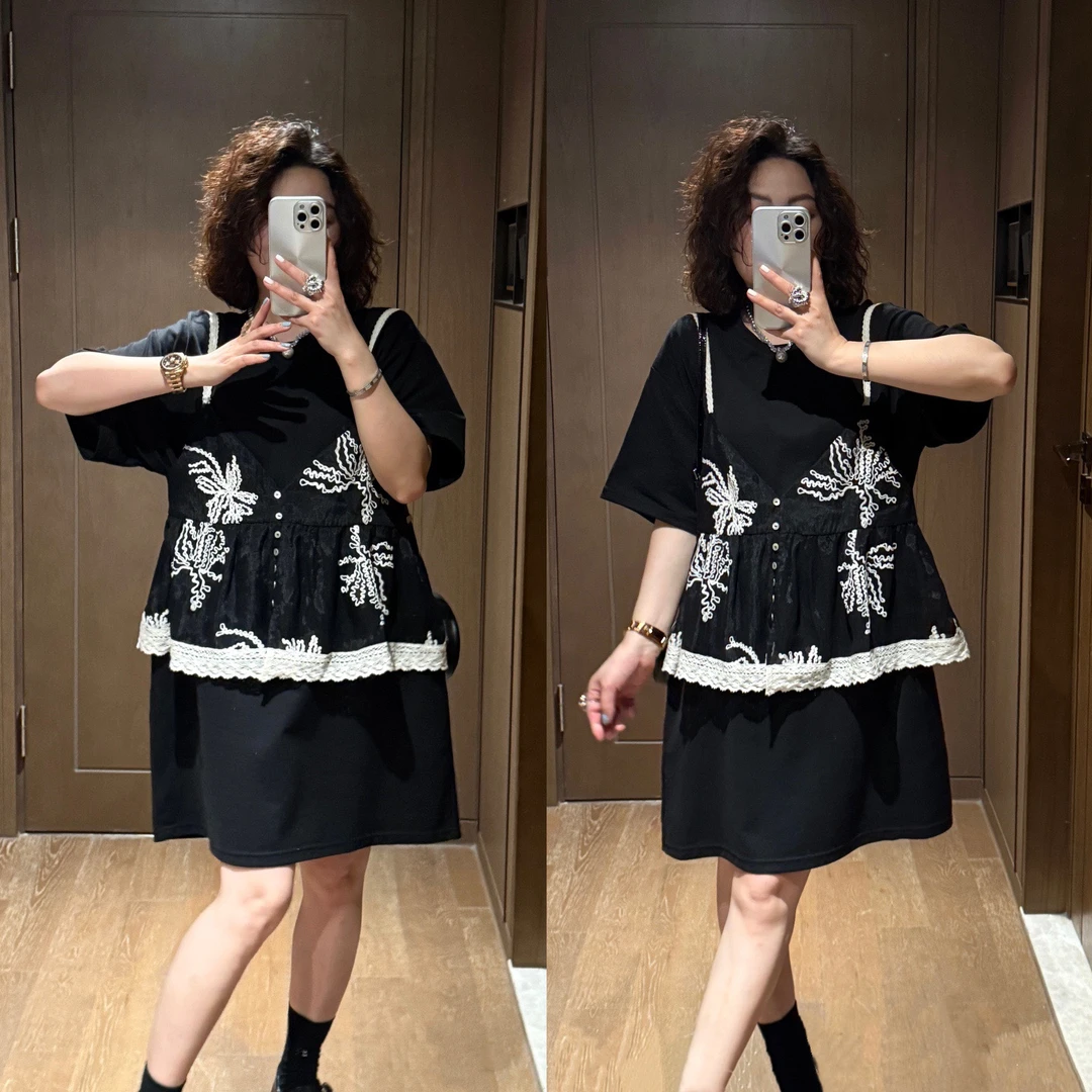 YDFSTUDIO小众【城南记事】欧货高品重工刺绣拼接时尚马甲+T裙套装