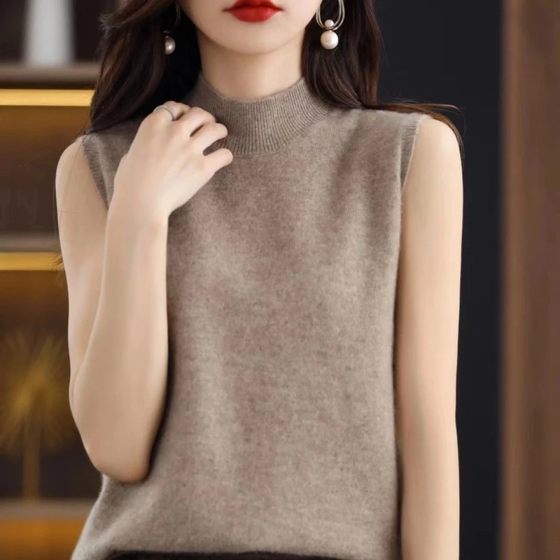 时尚百搭女背心羊毛衫半高领无袖打底衫纯色羊绒衫内搭春秋气质