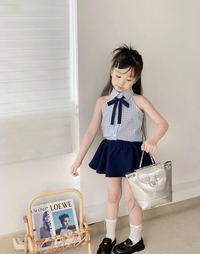 【现货】韩版童装夏季新款女童套装无袖格子蝴蝶结背心纯色半身裙潮
