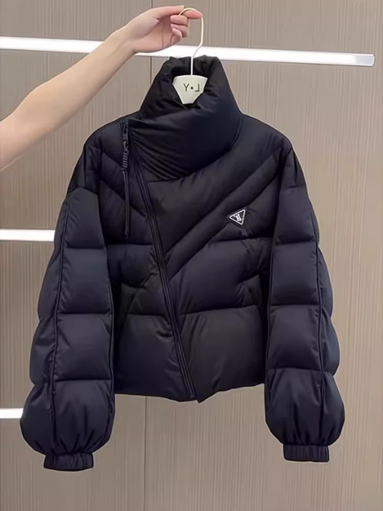 黑色立领不规则保暖棉服外套女2025冬季新款加厚设计感面包服棉衣