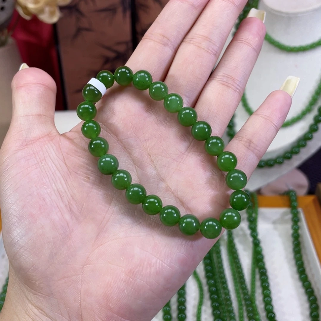 手串未镶嵌和田玉（碧玉）冰阳绿手串微微矿