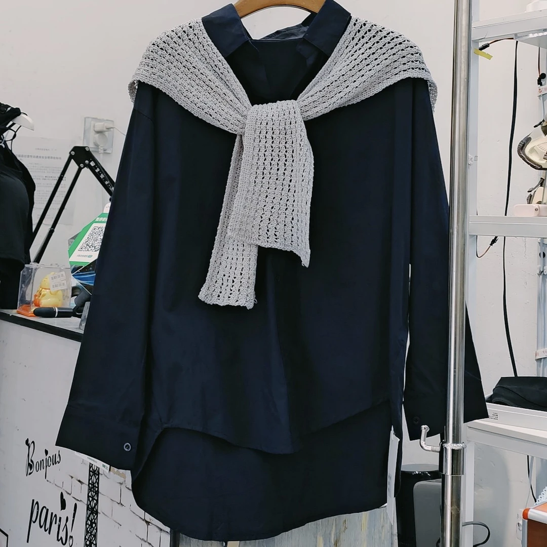 欧韩复古条纹针织披肩+衬衫两件套女装2025秋季新款纯棉衬衣