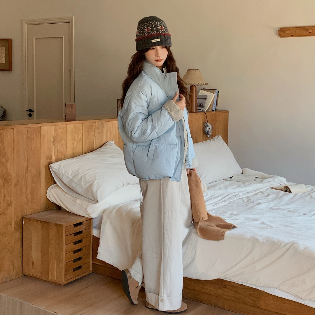 莫兰迪色系撞色短款棉服海盐兰加厚宽松袖口拼接韩版温柔女装外套