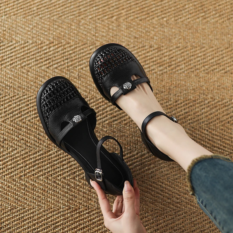 羊皮/8cm/爆款夏季真皮软底百搭粗跟厚底洞洞鞋增高跟鞋凉鞋女鞋