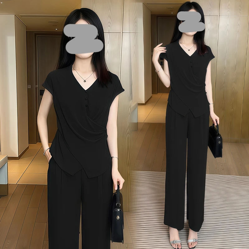 设计感休闲减龄套装女2025年夏季新款不规则v领上衣阔腿裤两件套