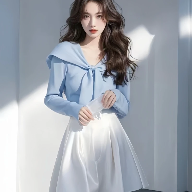 韩系气质温柔女装翻领上衣半身裙套装2025春季新款简约显瘦两件套