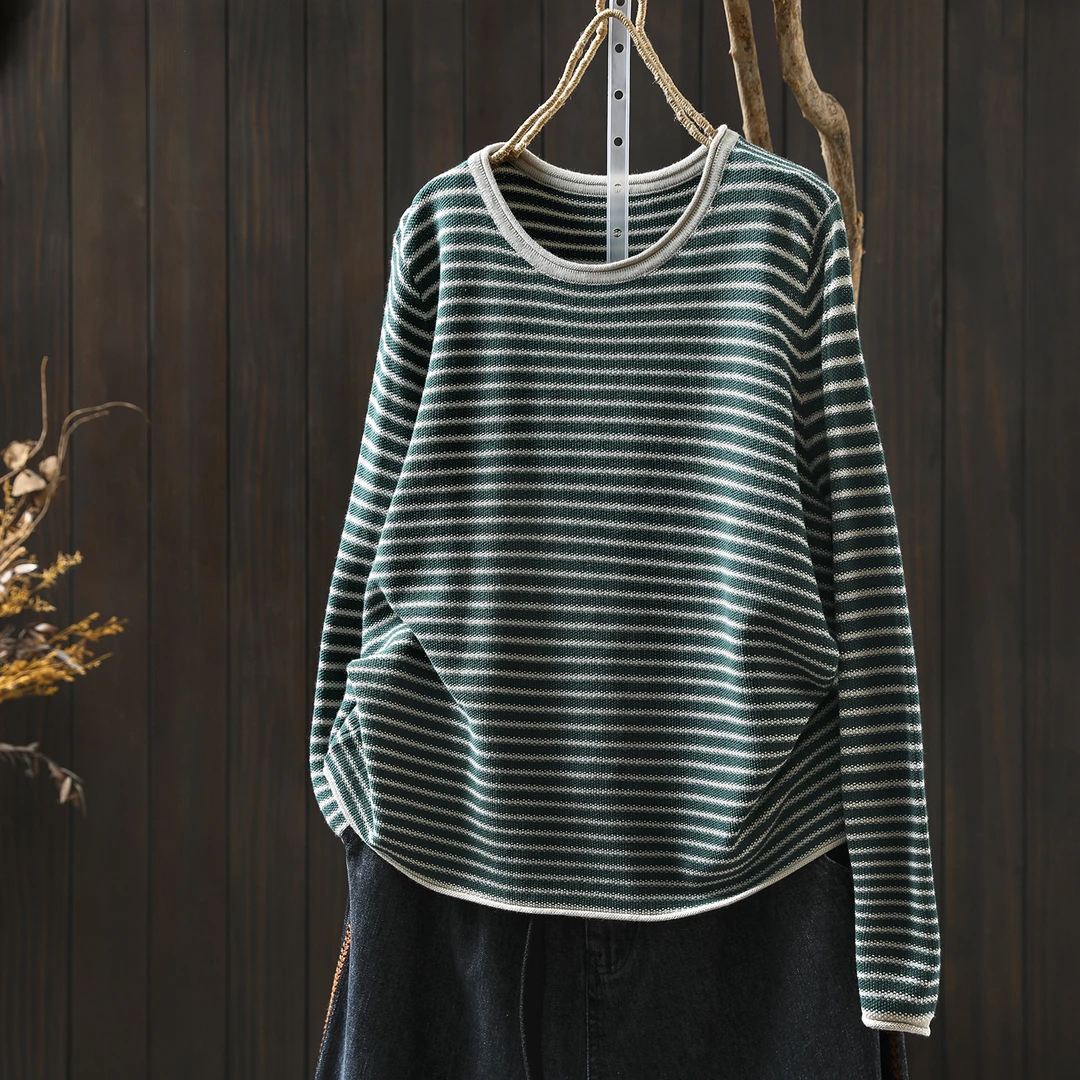 条纹针织长袖女2025新款秋季棉线针织撞色宽松休闲内搭圆领针织衫