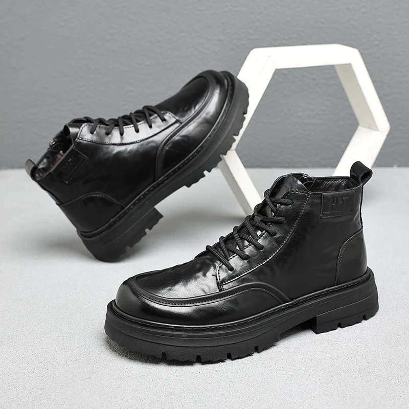 2025广州秋冬潮时尚男鞋手抓牛皮中帮靴子休闲皮鞋侧拉链棉鞋