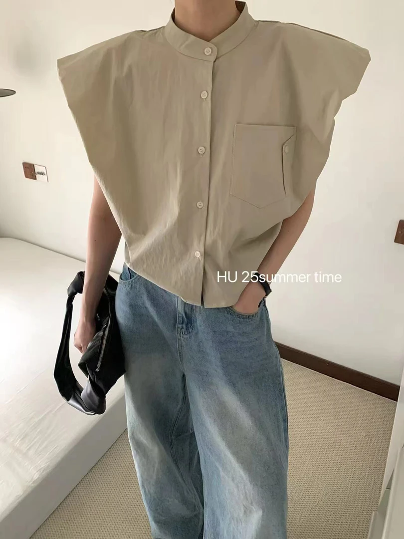 ［摩登别致］设计感高级感百搭无袖白色衬衫女夏季休闲减龄短款上衣