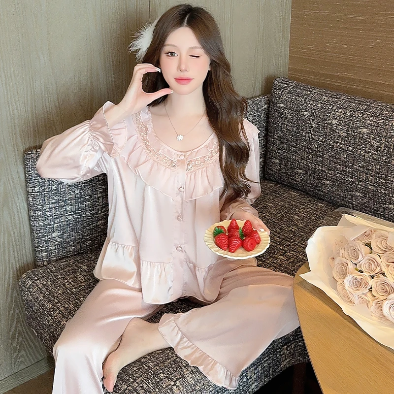2025纯欲风睡衣女款秋季新款冰丝长袖家居服甜美花边宫廷风套装