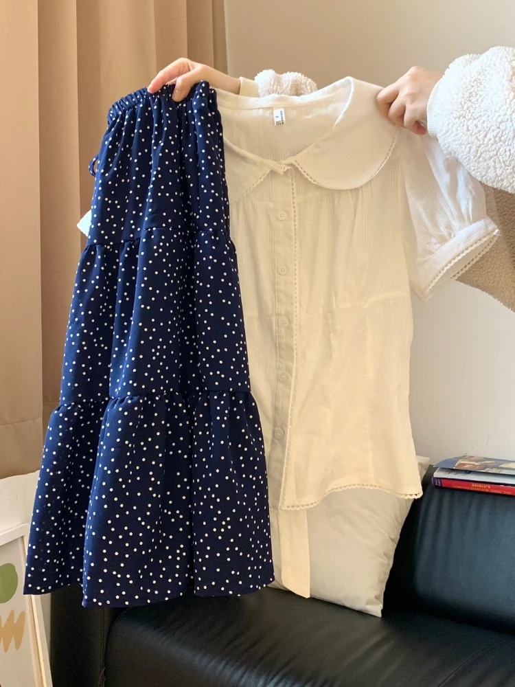 夏季新款甜美可爱风格衣服百搭圆领白色短袖衬衫波点半身裙两件套
