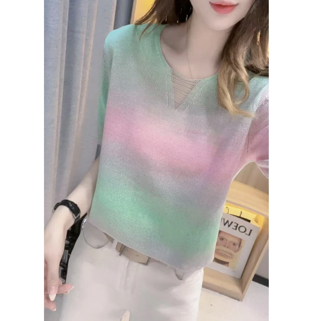 JL【渐变和纸纱】2025夏季新款晕染和纸纱短袖上衣针织衫
