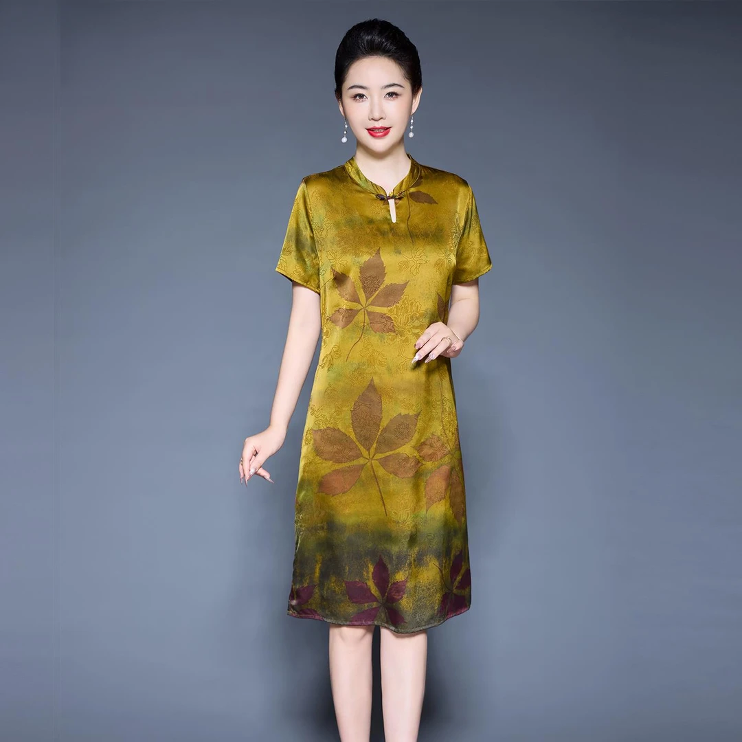 俞兆林新中式仿真丝仿桑蚕丝连衣裙夏季新款中长款显瘦国风改良旗