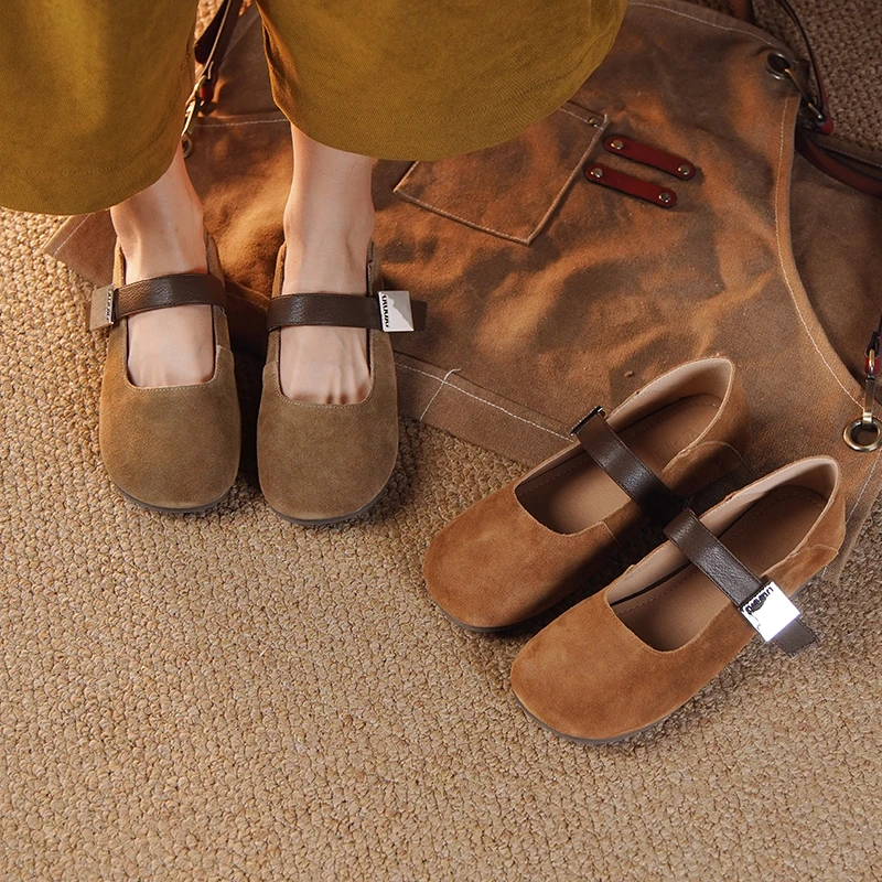 单鞋女2025新款圆头平底豆豆鞋一字带玛丽珍鞋软底女鞋xc66-3