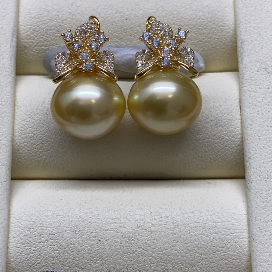 银S925镶嵌耳饰海水珍珠金珠耳饰12-13m m