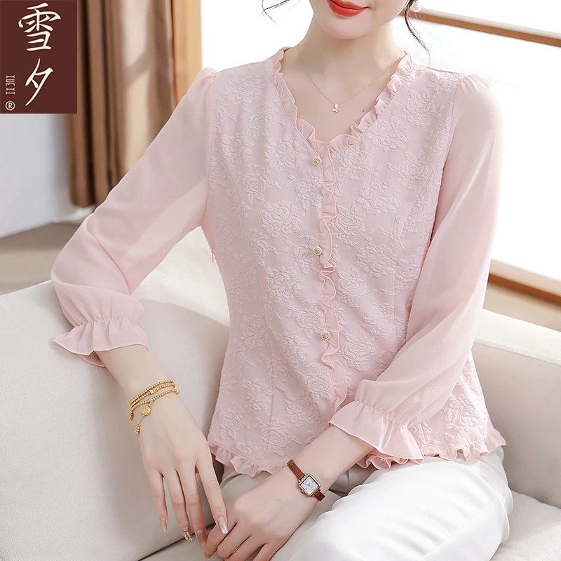 九分纱袖雪纺衬衫女妈妈春装2025新款流行小衫中老年薄款T恤上衣