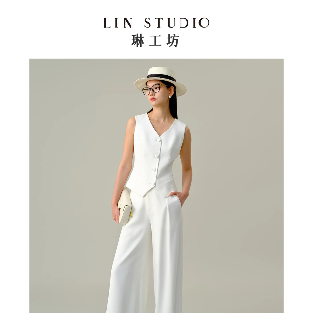 【裤子 醋酸】琳工坊“先雪”白色阔腿裤职场通勤时尚百搭唐琳设计师