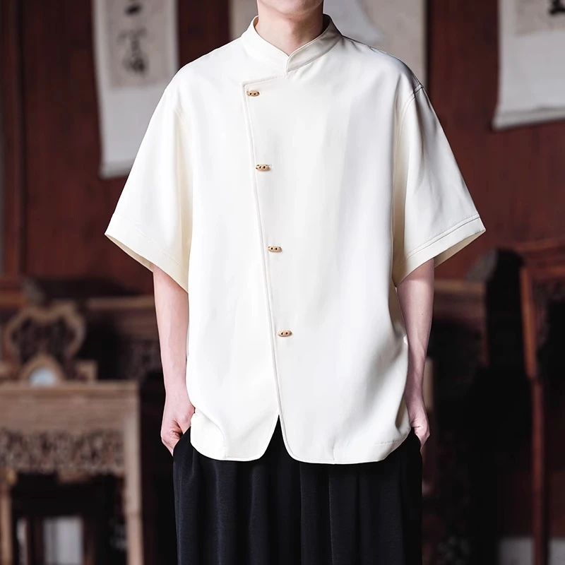 新中式穿搭 中国风斜襟唐装衬衫男短袖 茶禅意 夏季 木质扣上衣