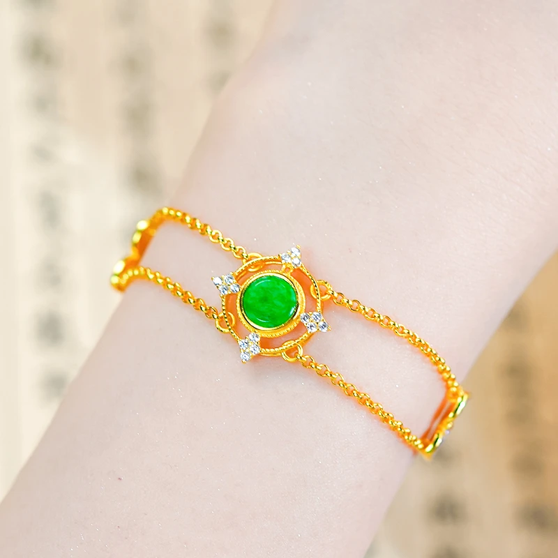 新中式国风紫藤花设计银镶嵌天然满绿翡翠A货龙石双圆牌手链（金色