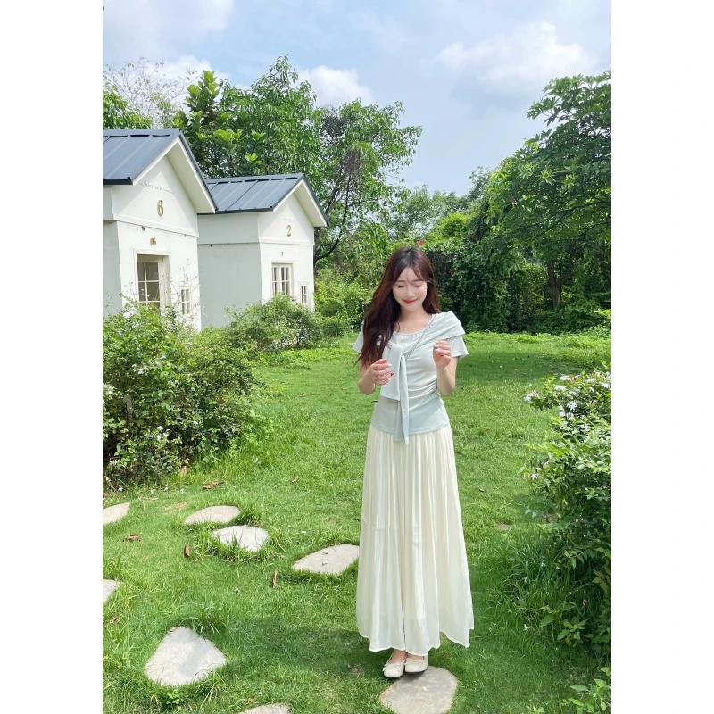 YPP！【花间柔光】韩系慵懒风纯色显瘦气质百搭配松紧腰高腰流光裙