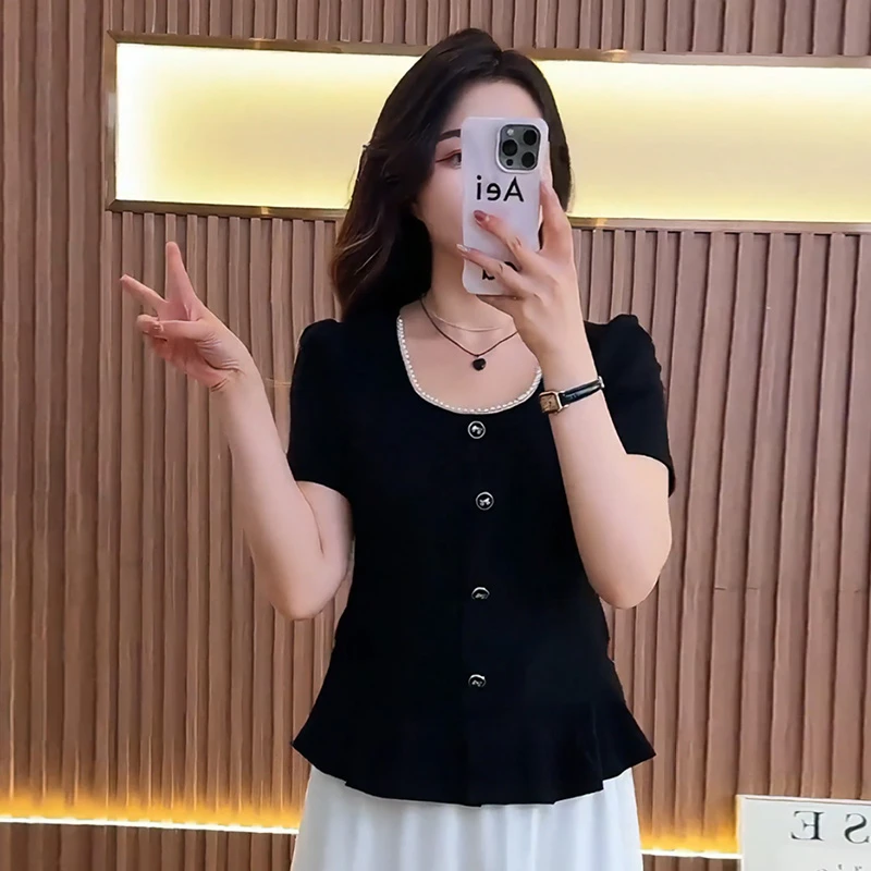 大码胖mm法式方领正肩短袖上衣女2025夏季韩系荷叶边独特别致T恤