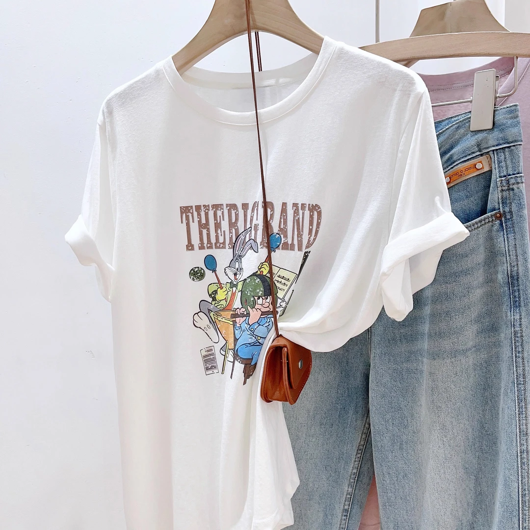 紫色复古卡通雪花棉短袖T恤女2025夏季薄款印花圆领宽松百搭上衣