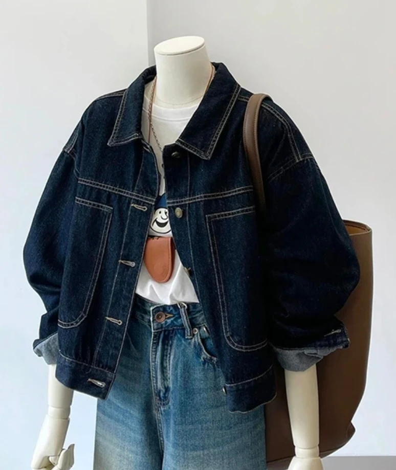 蓝灰小个子休闲牛仔外套女2025秋装新款时尚休闲宽松短款夹克上衣