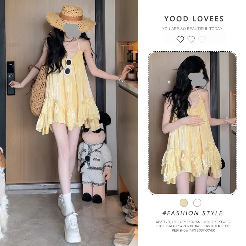 法式甜美风不规则黄色蛋糕裙女2025夏季新款V领挂脖吊带连衣裙潮