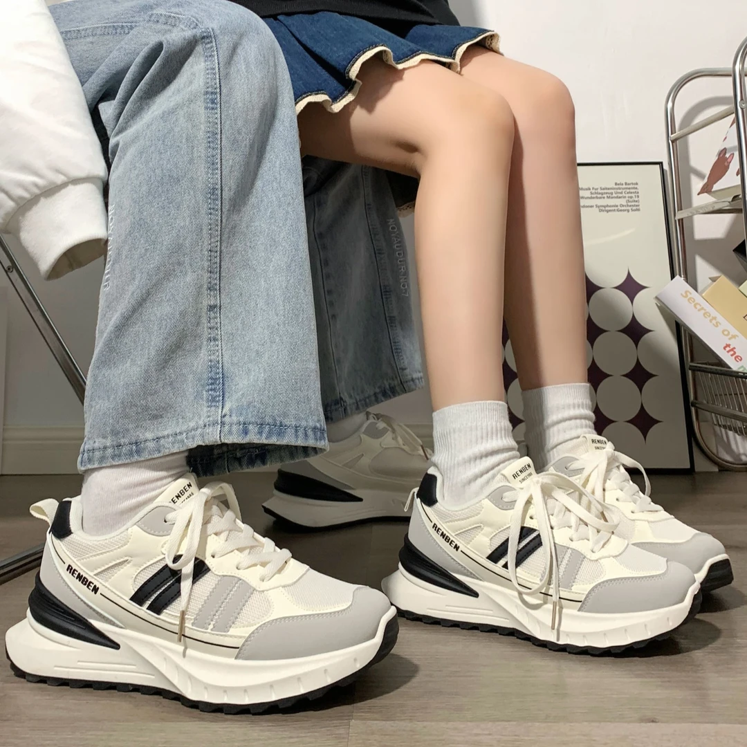 人本情侣鞋网面运动鞋男女2025秋季新款百搭休闲厚底阿甘鞋高能感
