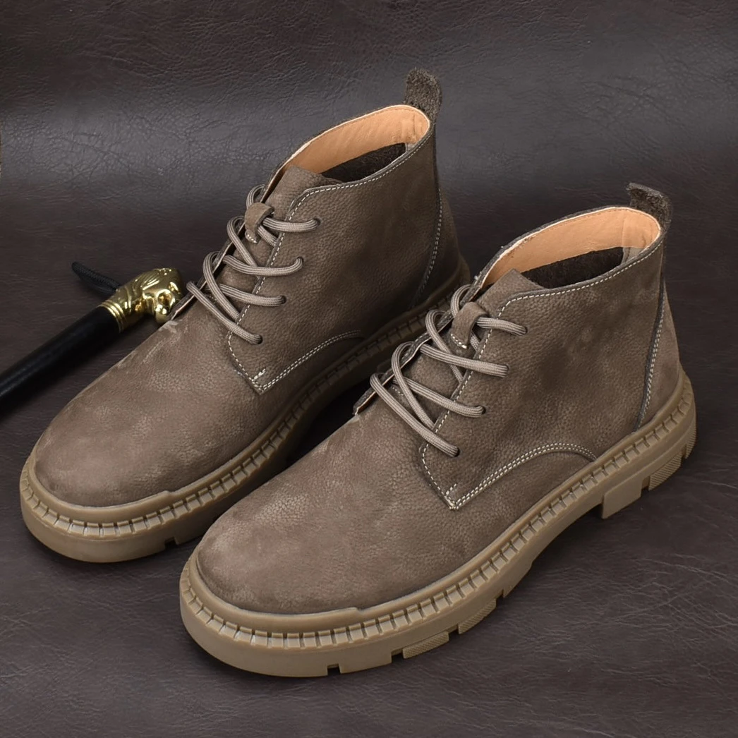 真皮高帮鞋男秋季时尚休闲复古系带户外靴中帮软面皮厚底马丁靴男