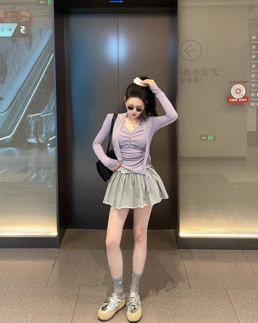 【TX】v领挂脖不规则褶皱抽绳上衣/百搭短裙裤