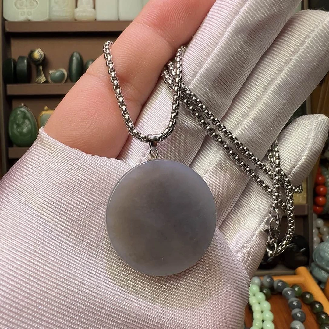 和田玉银S925镶嵌颈饰青海老冰坑烟紫圆无事牌