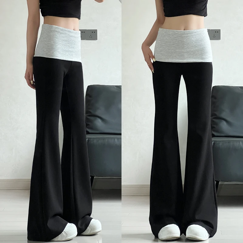 黑色撞色拼接微喇运动裤女春秋2025新款高腰显瘦修身休闲喇叭卫裤