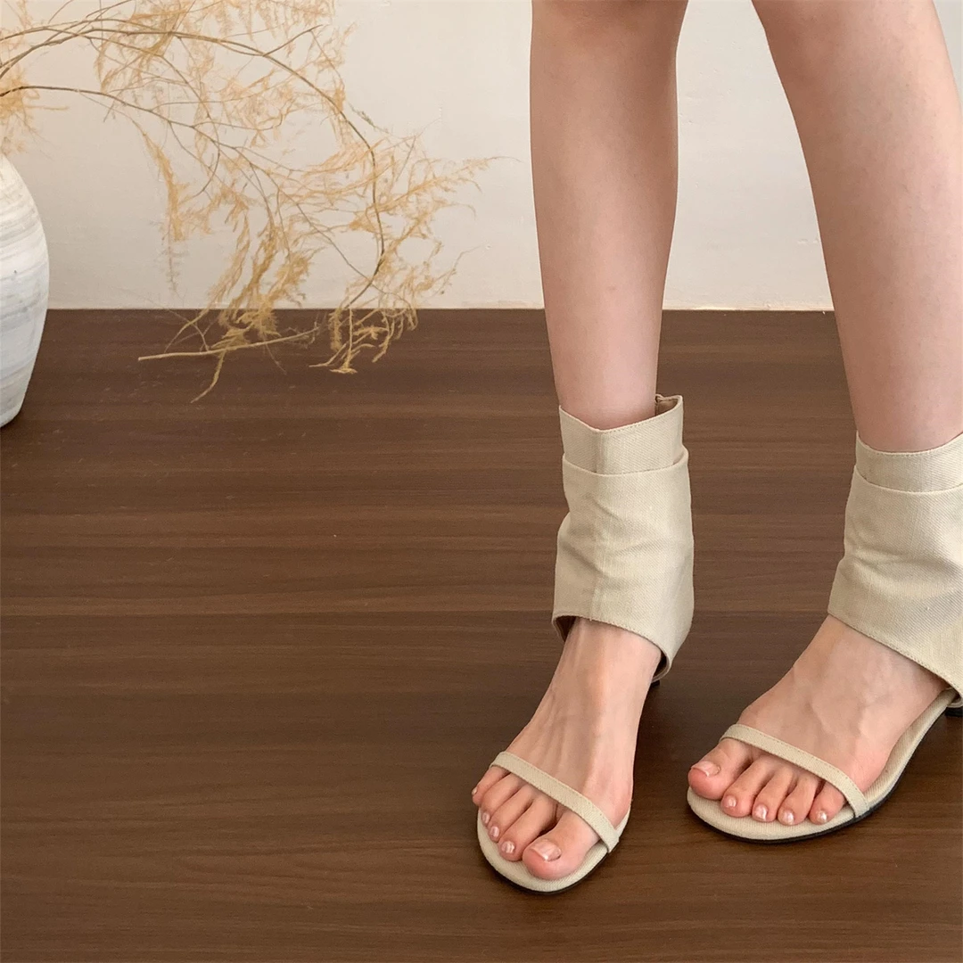 欢梨"韩里韩气"法式细跟露趾凉靴女夏季一字带流浪靴度假仙女短靴