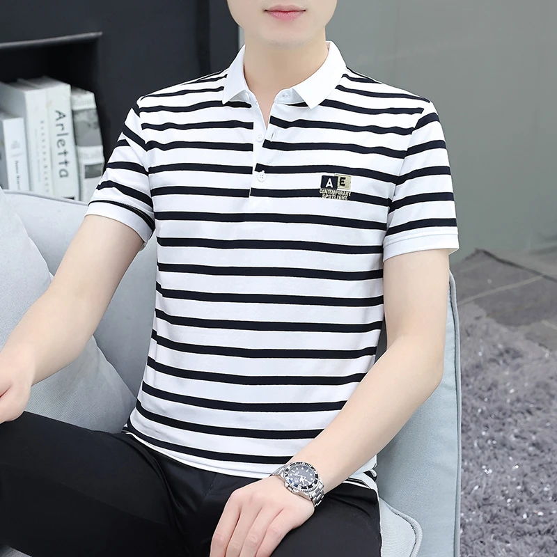 高档夏季短袖Polo衫男潮流韩版翻领男士t恤休闲百搭黑白条纹半袖