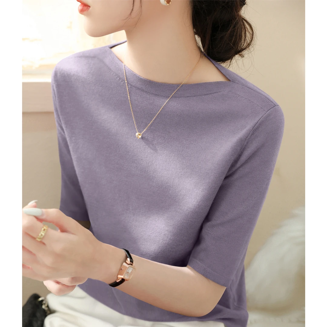 新款气质百搭五分袖宽松打底上衣女时尚洋气法式套头针织衫女士