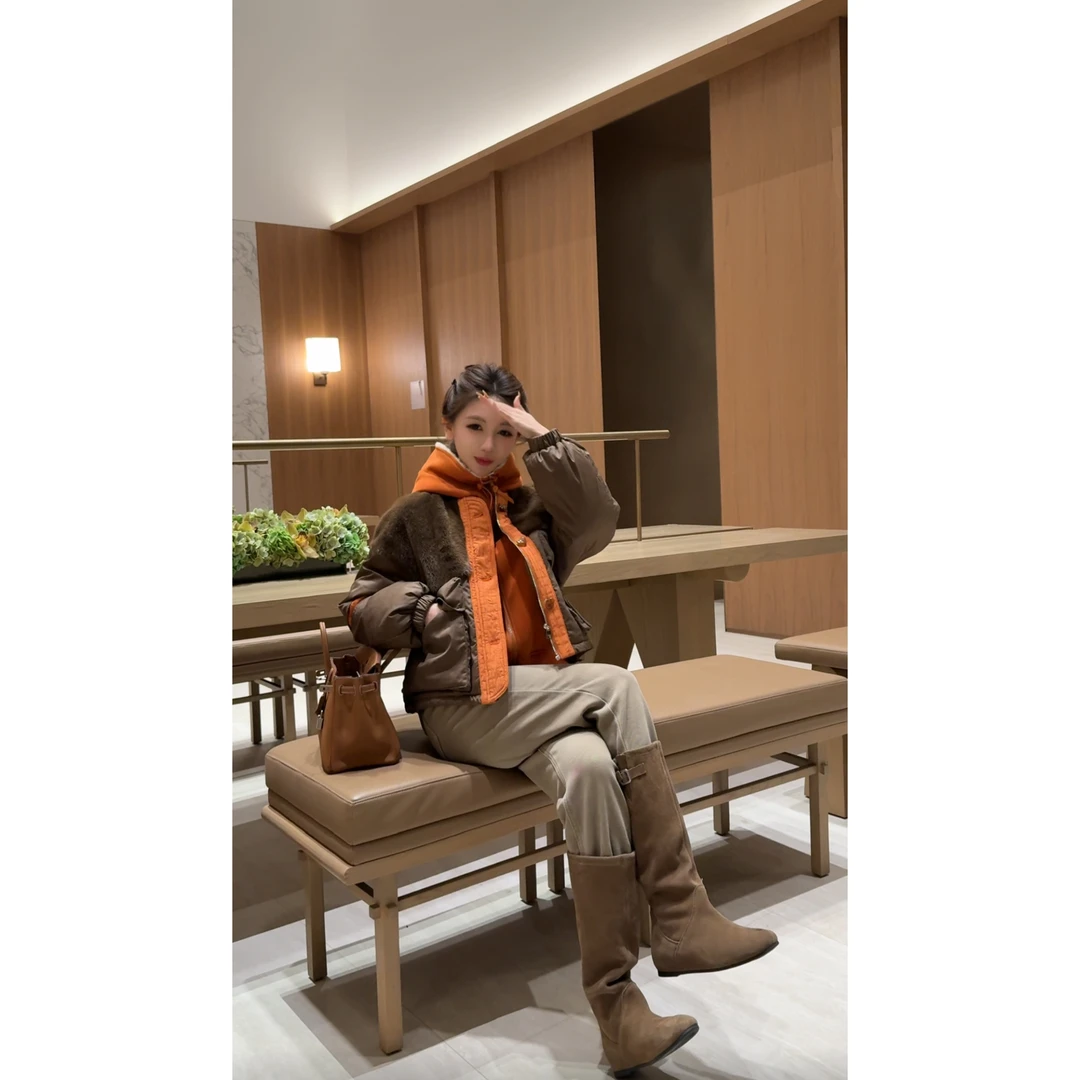 BOXUE“玉烟”2025秋冬进口撞色水貂毛皮90白鹅绒#251227YR7991