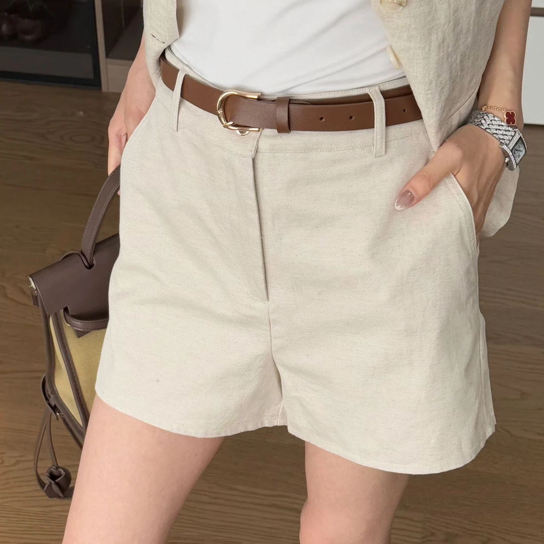 Nancy Lara “金扣裤”薄型斜纹短裤高腰宽松薄款纯色短裤 GK013
