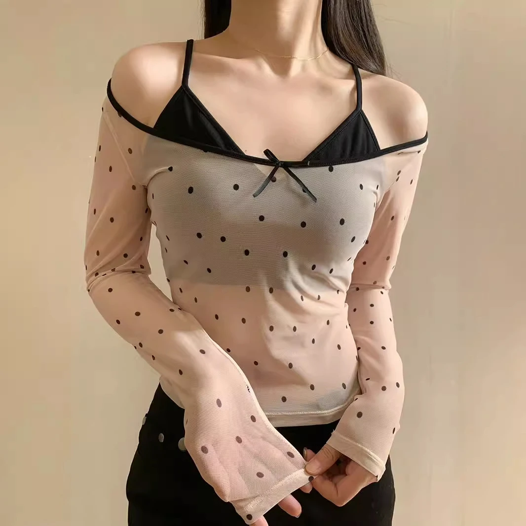 JoyceBra 纯欲露肩吊带假两件长袖打底衫薄款带胸垫网纱T恤上衣女