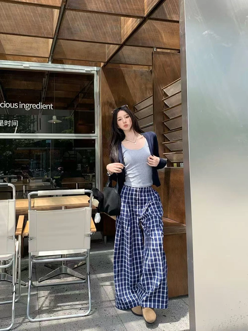 休闲套装带胸垫吊带背心女防晒外套格子阔腿长裤时尚完美国际联名