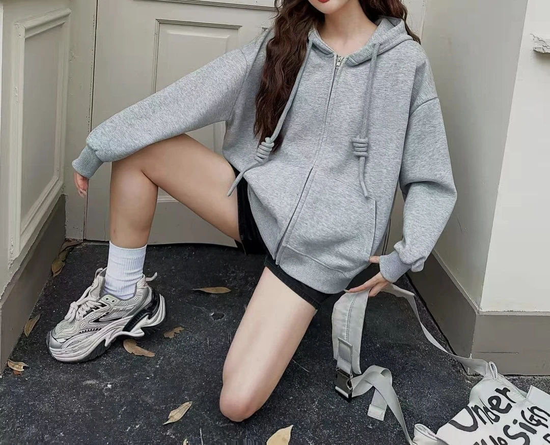 801-DQ灰色拉链连帽加绒卫衣外套（85-140）