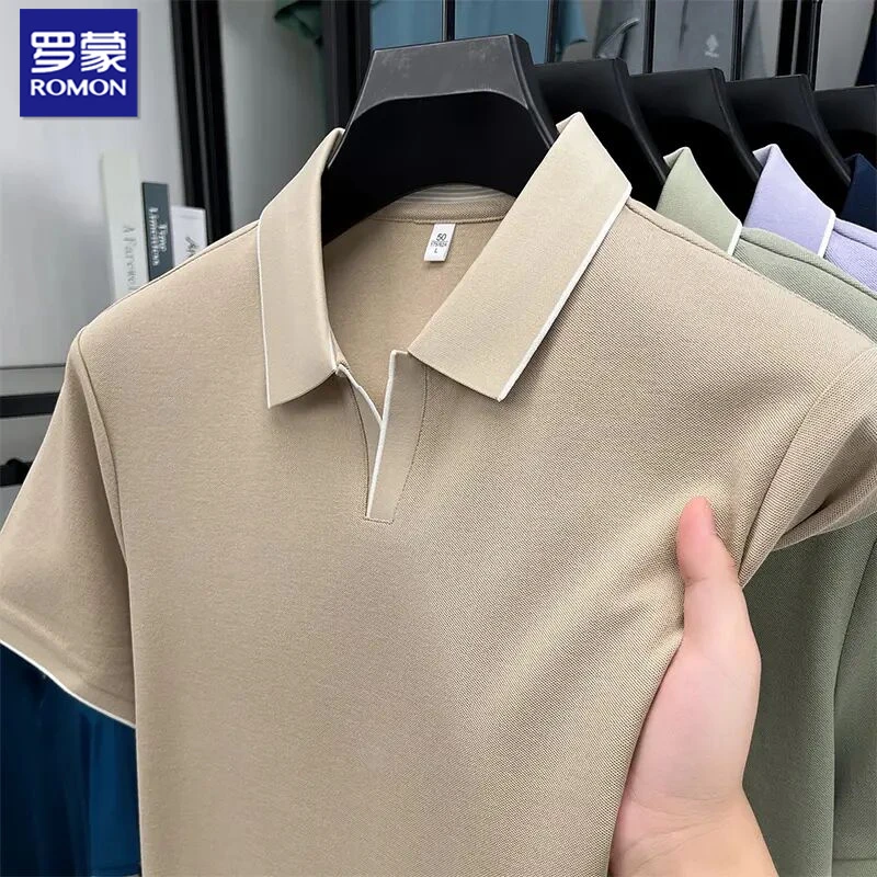 罗蒙新款男士纯色休闲POLO衫商务百搭舒适透气中宽松中年男士T恤