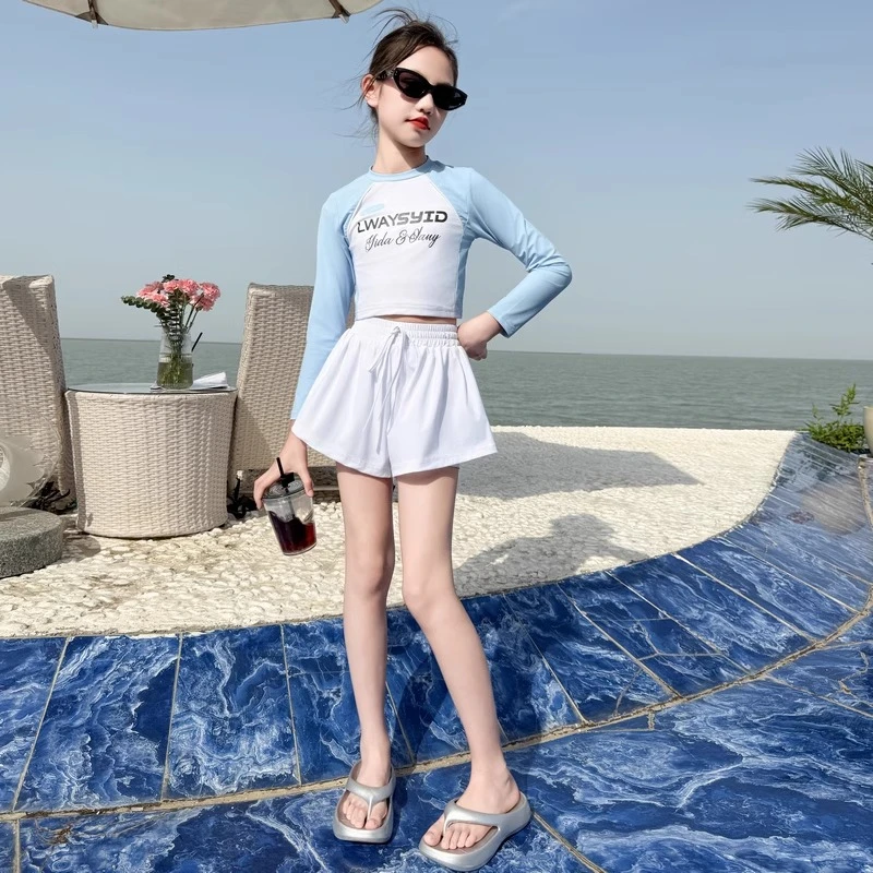 女童泳衣套装2025新款儿童女孩夏季长袖防晒速干游泳衣短裤两件套