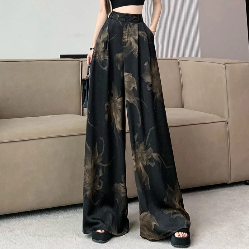 黑金色休闲阔腿裤女春季复古提花设计感高腰宽松显瘦垂坠感拖地裤