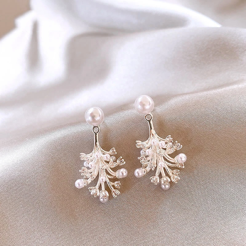 铜合金耳饰 一款两戴珍珠银色小树耳环女独特设计感精致耳钉耳饰