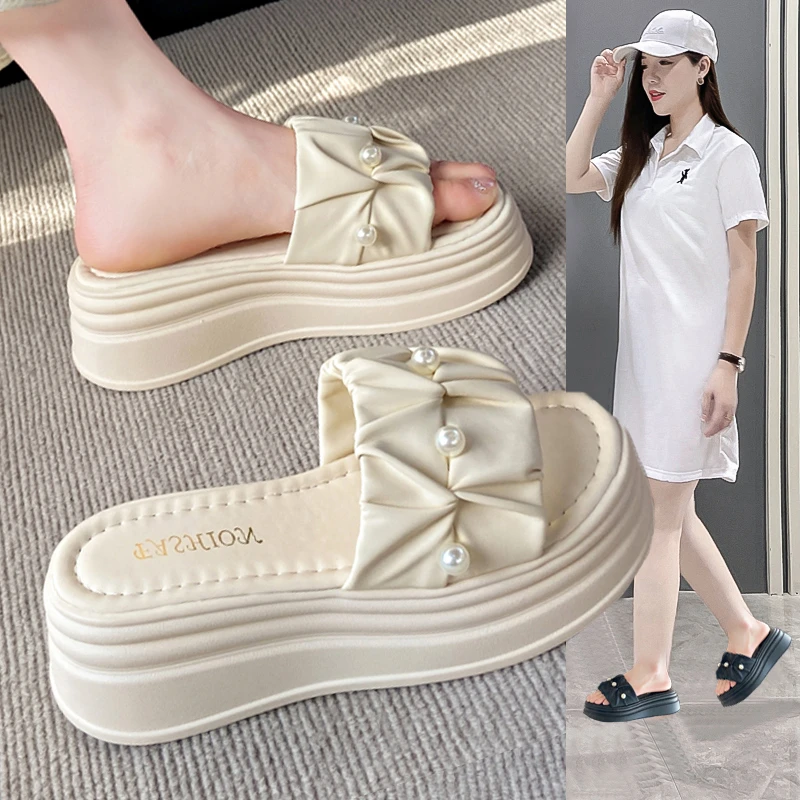 仙女风珍珠拖鞋女夏外穿配裙子厚底凉鞋2025新款增高小个子沙滩鞋