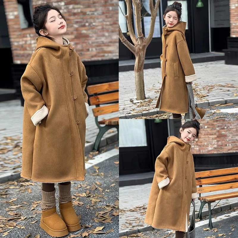 青少年女孩秋冬外套2025新款女童加长款加绒加厚皮毛一体呢子大衣