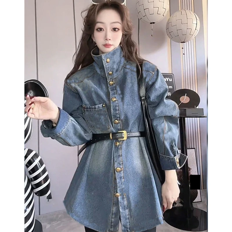 美式金扣立领加绒牛仔外套女2025秋冬季欧货宽松配腰带加厚衬衫