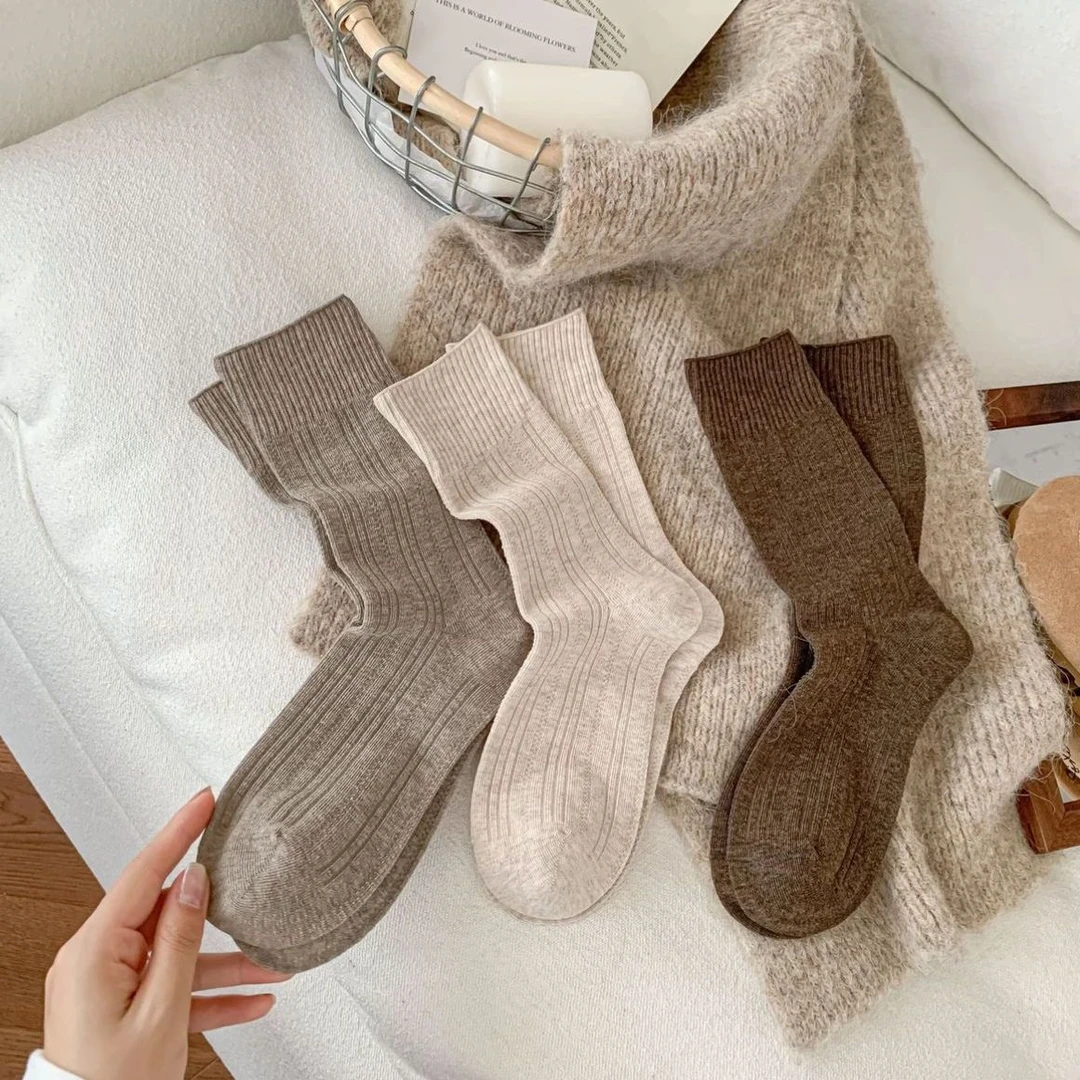 秋冬百搭ins韩系休闲风堆堆袜miu系简约纯色复古棕色系百搭袜子Q